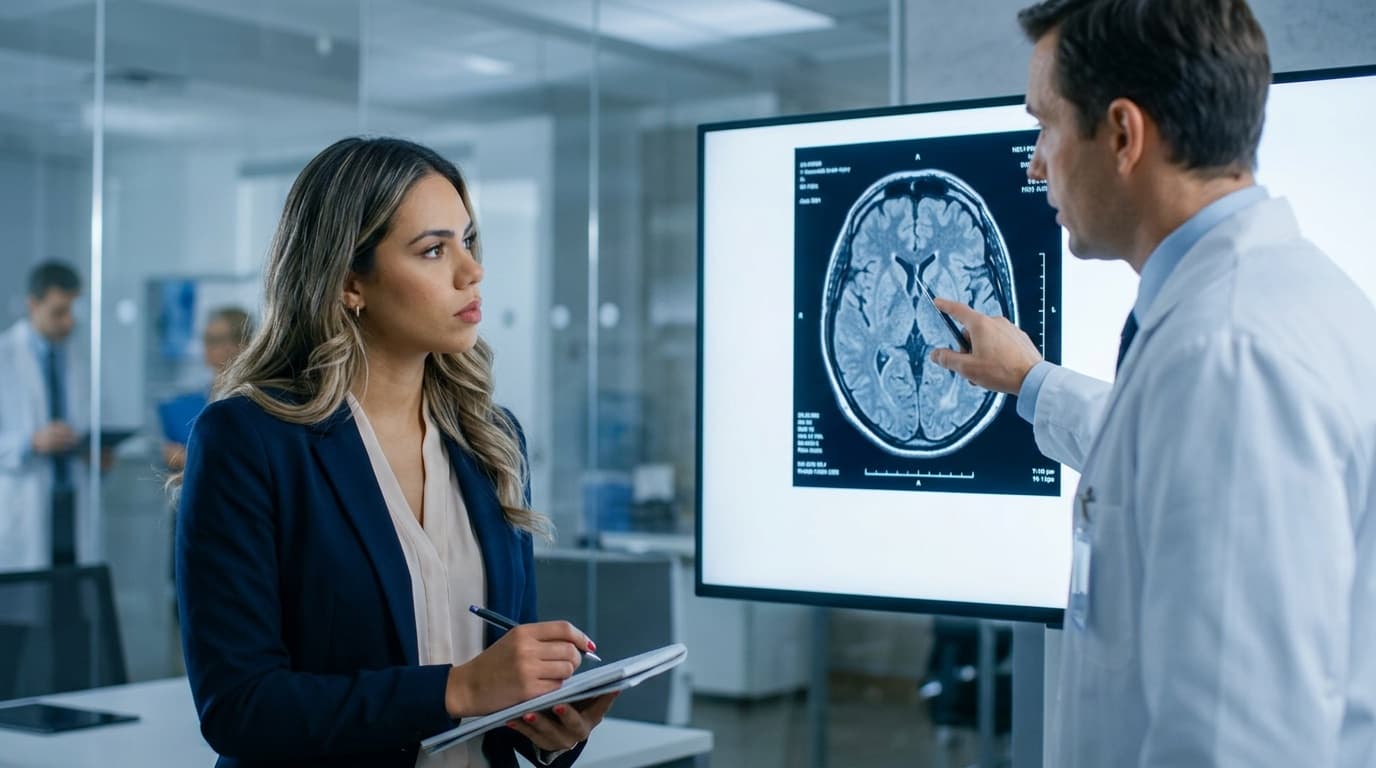 Brain injury lawyer consulting with medical expert on brain scan evidence