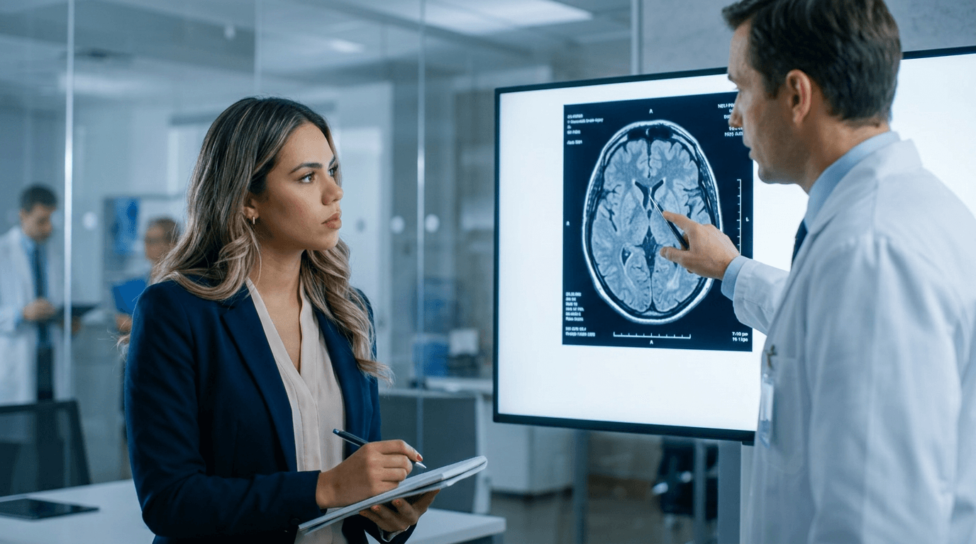 Brain injury lawyer consulting with medical expert on brain scan evidence