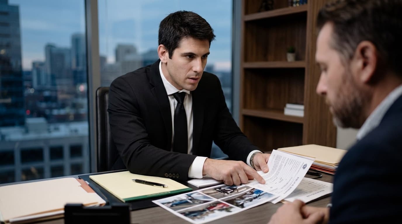 Car accident lawyer reviewing accident photos and police report with client