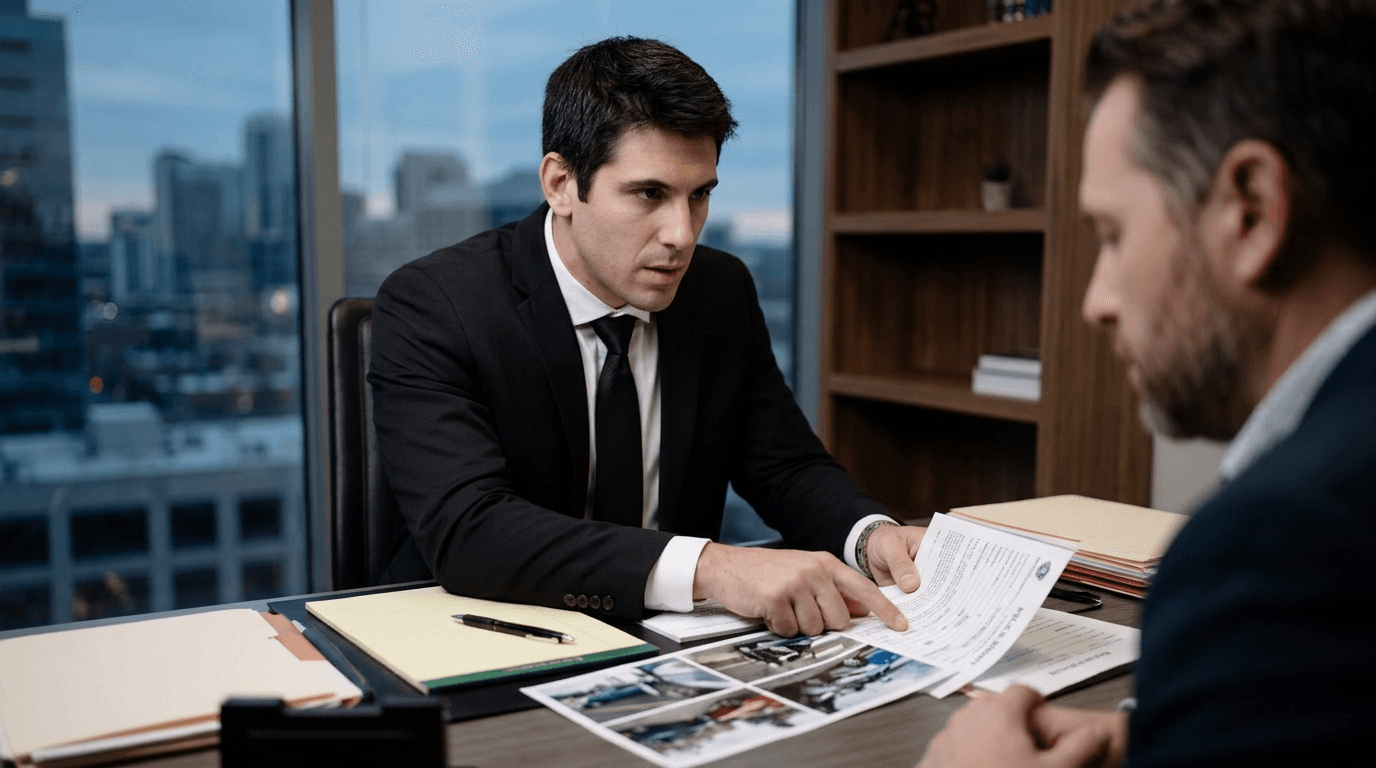 Abogado de accidentes de auto revisando fotos del accidente con cliente