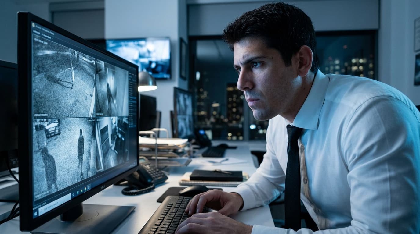 Hit and run accident lawyer analyzing surveillance footage evidence