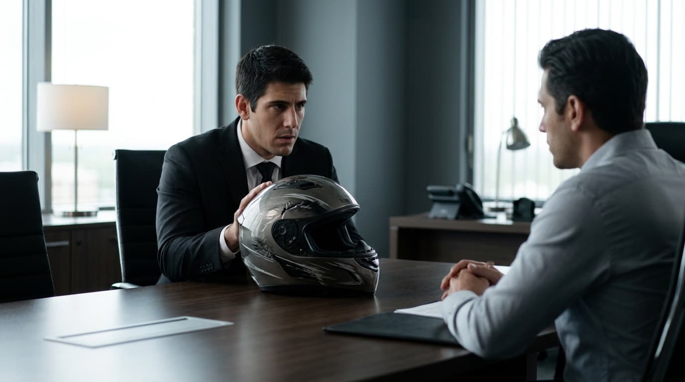 Abogado de accidentes de motocicleta examinando evidencia de casco con cliente