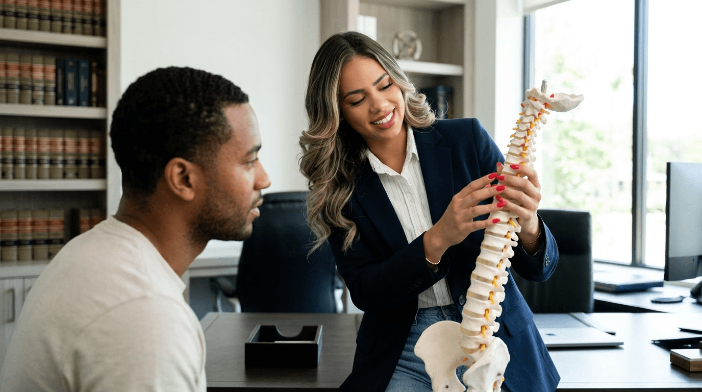 Rear-end collision lawyer demonstrating whiplash injury mechanism on spine model