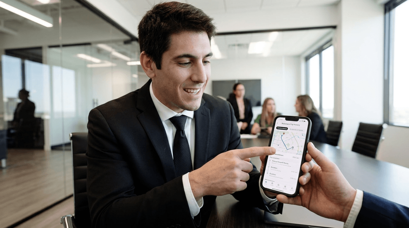 Abogado de accidentes de Uber/Lyft revisando datos de viaje en teléfono con cliente