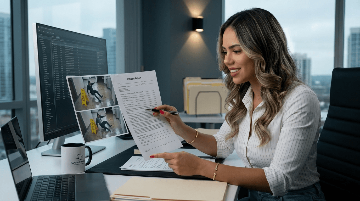 Abogado de resbalón y caída revisando evidencia de video de vigilancia con cliente