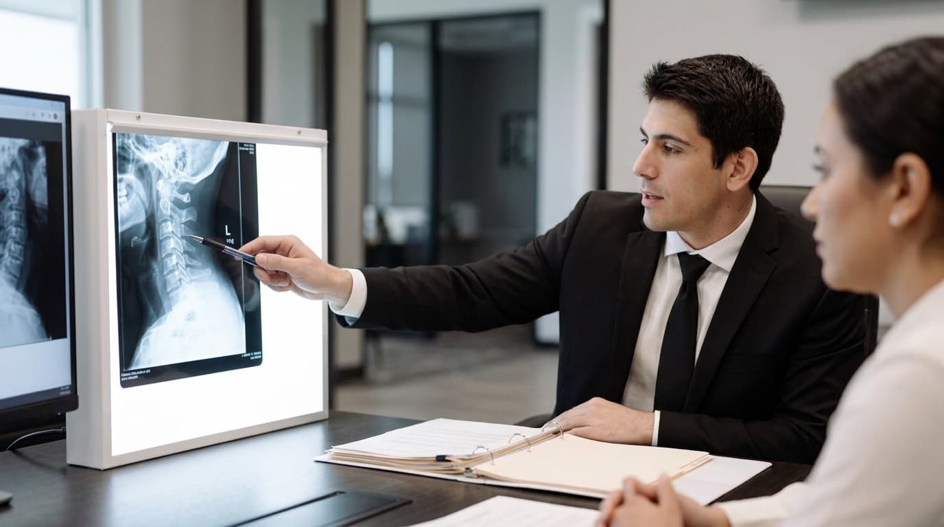 Whiplash injury lawyer discussing neck spine X-rays with client