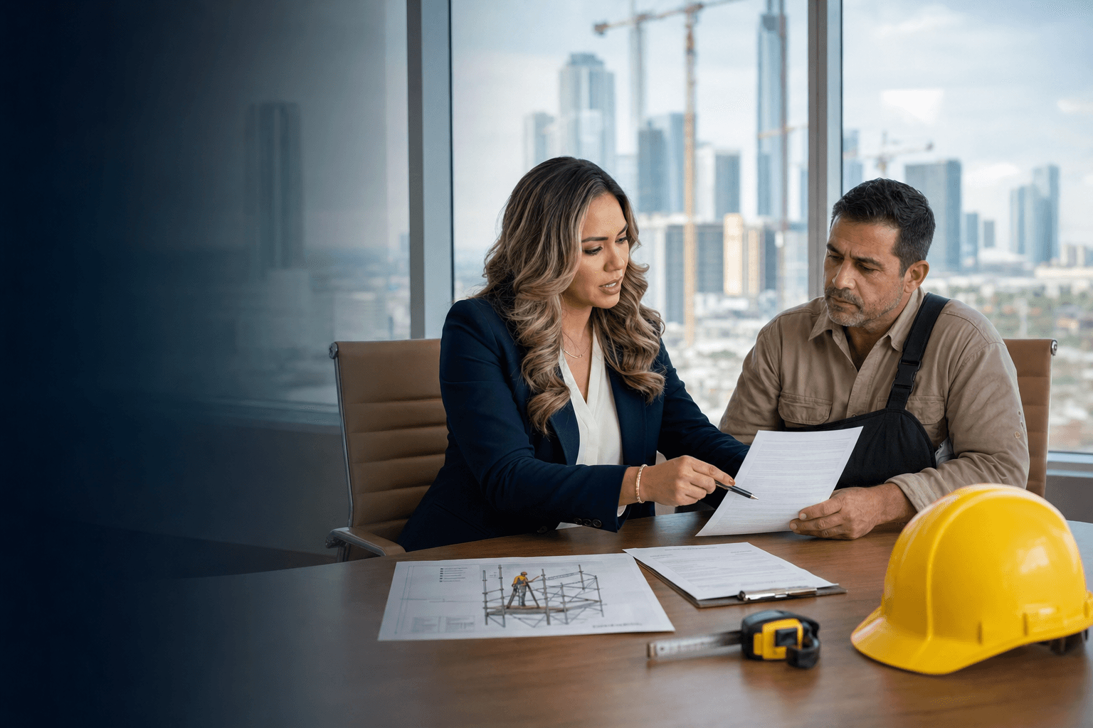 Workplace fall lawyer reviewing OSHA fall protection records with injured worker
